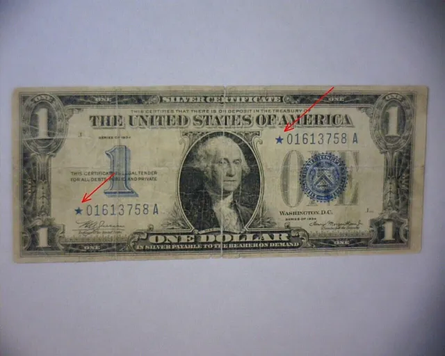 1934 One Dollar $1 Silver Certificate Funny Back, 🌟Extremely Rare🌟Star Note🌟