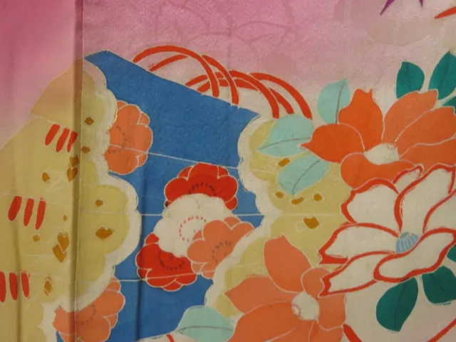 1418T05z570 Antique Japanese Kimono Silk IROTOMESODE Dark pink Folding fan 8