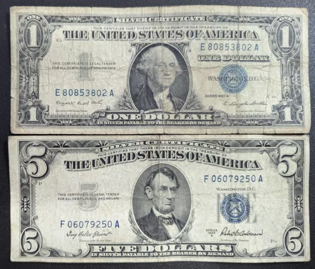 1957 $1 One Dollar and 1953 $5 Five Dollar Silver Certificates             (078)