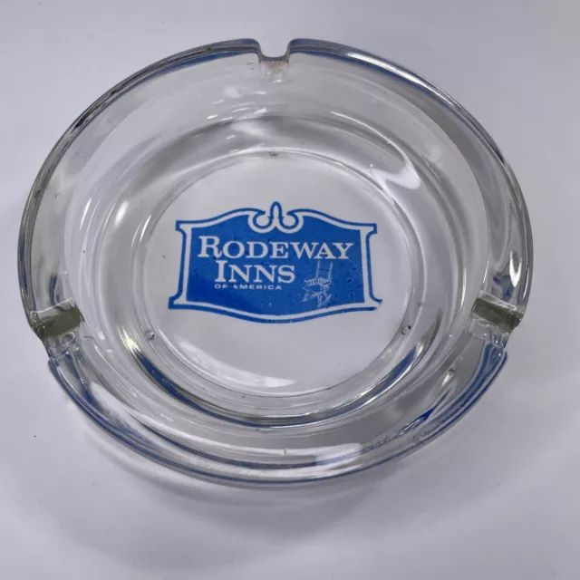 Vintage 1960s Rodeway Inns & Suites of America Glass Ashtray Clear Blue Round