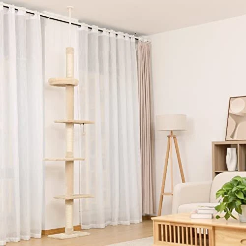 Arbre à Chat Haut Réglable GYMAX – 236 à 271 Cm, 5 Niveaux Avec Griffoir, Hamac, Perchoir Et Lit (couleur Grise)