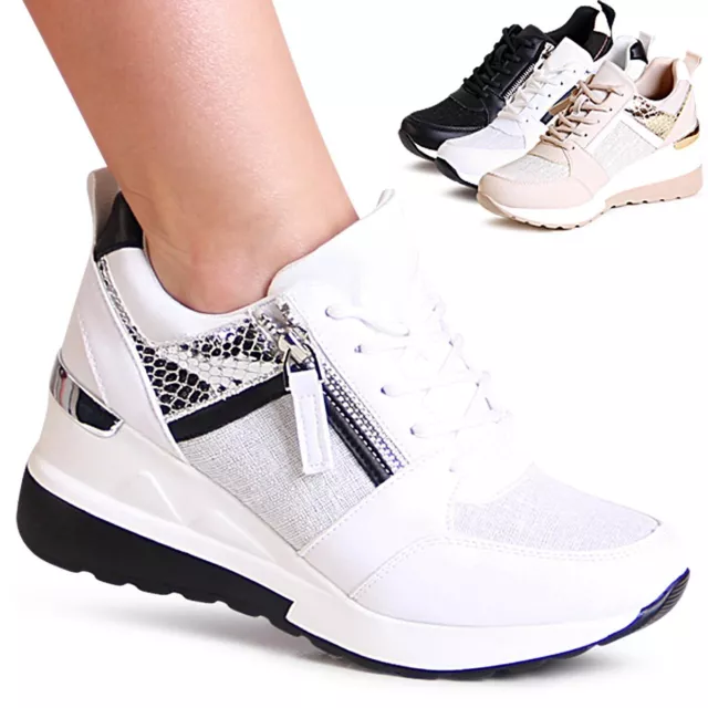 Femmes Semelle Compensée Baskets Chaussures Basses Plateforme de Sport Animal