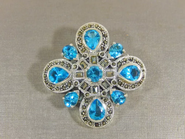 Vintage Sterling Silver Maltese Cross Aqua Stone Marcasite  Brooch Signed Mt