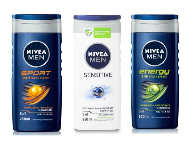 NIVEA MEN 3-in-1 Sport & Sensitive or Energy Shower Gel 250ml (3 or 6 Pack)