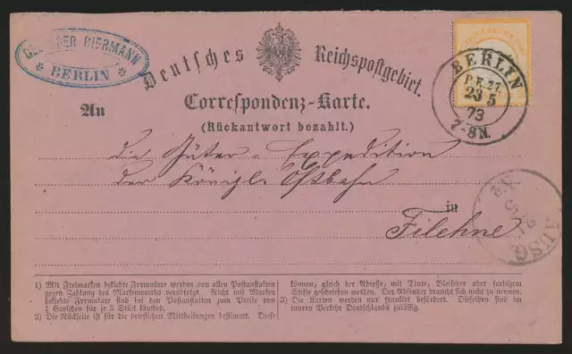 Deutsches Reich Nr. 18 EF Correspondenzkarte mit K2 BERLIN P.E.27. vom 23.5.73