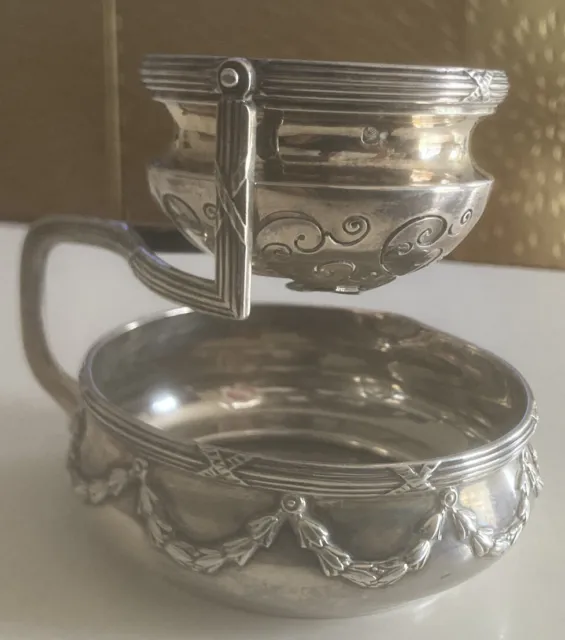 Antique French ? Sterling Silver Tea Infuser Strainer & Under Drip Bowl Garlands