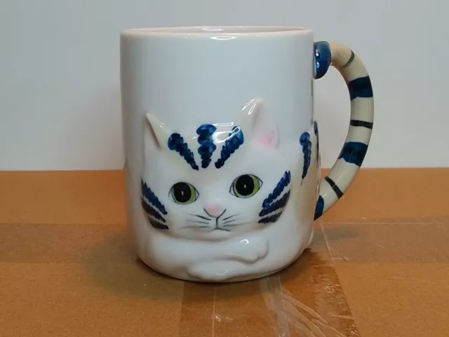 Vintage Cat Mug w/ Tail Handle Striped  Kitten Coffee Cup