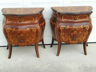 Pair ~Antique Inlay Angels Venetian Baroque Marquetry Commode Bombe Chests Putti
