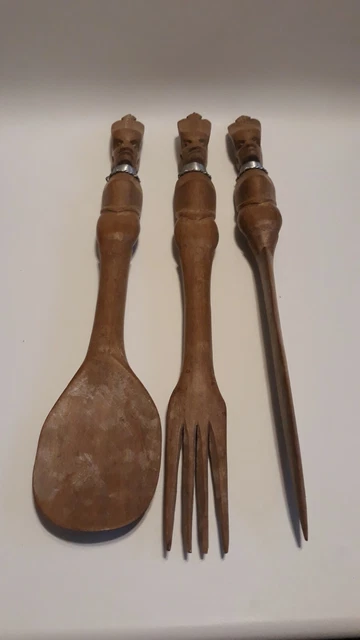 ⭐VTG African Hand-Carved Wooden Large Spoon Fork & Knife Set 15" Tribal Decor A8