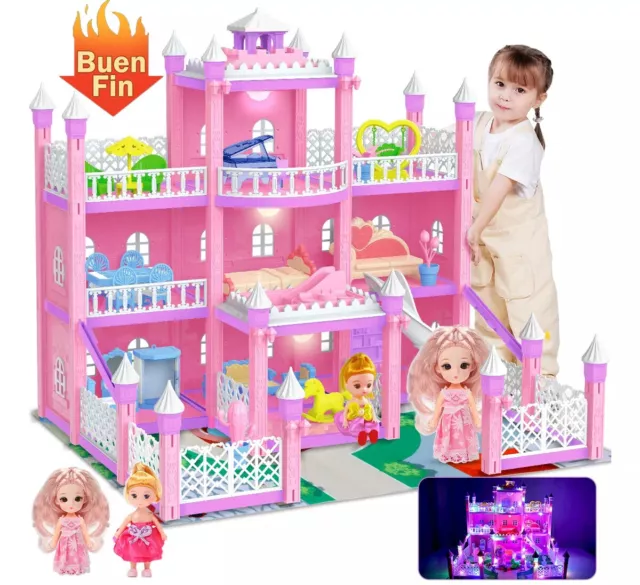 10 Rooms Huge Dollhouse Doll House Colorful Light with 2 Dolls Gifts for Girl