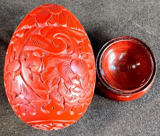 Old Vintage Asian Art Carved Red Cinnabar Lacquer Chinese Egg & Stand Carving