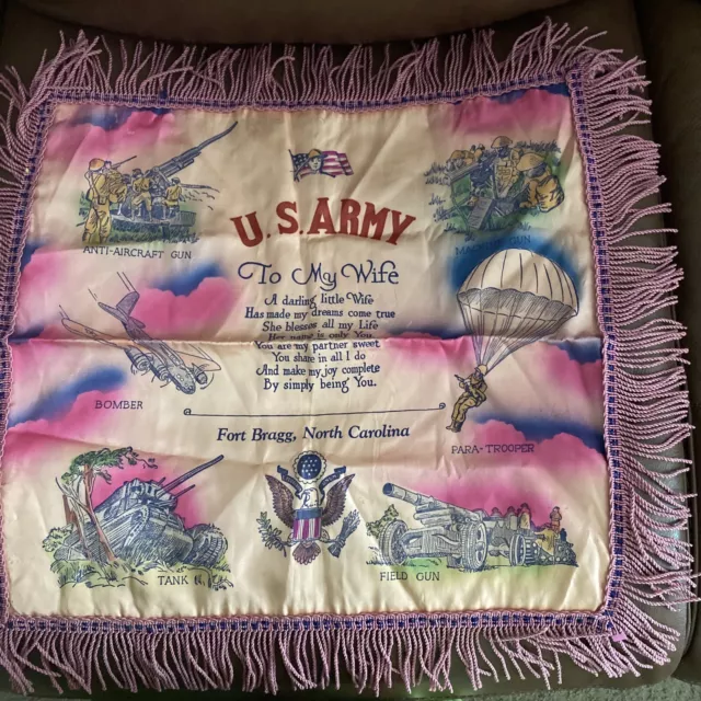 Vtg WWII Fort Bragg North Carolina U.S. Army Sweetheart Silk Pillow Case Sham