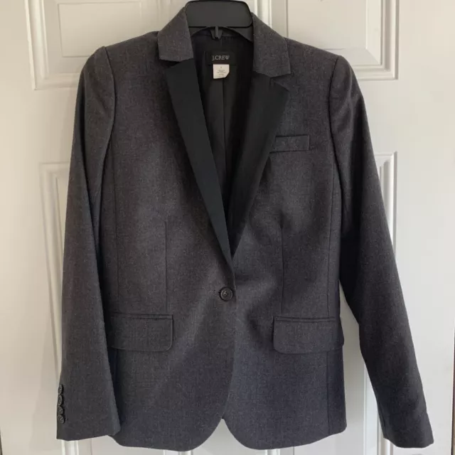 J Crew Wool Blazer Women’s 0 XS Gray Jacket Black Lapel One Button Office Career