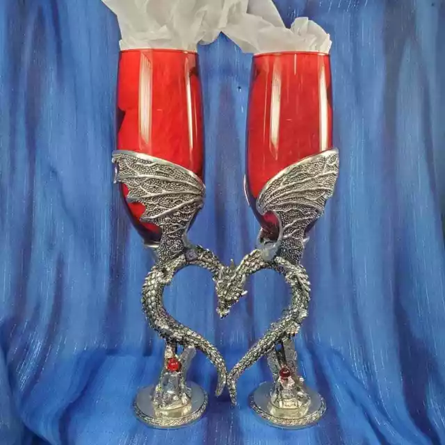 Dragon Heart Wings Flute Red Glasses *NEW* Wedding Toast Anniversary US Made
