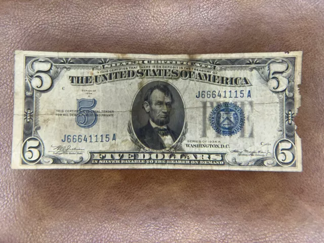 1934 Well Circulated Five Dollar ($5) Silver Certificate Bill