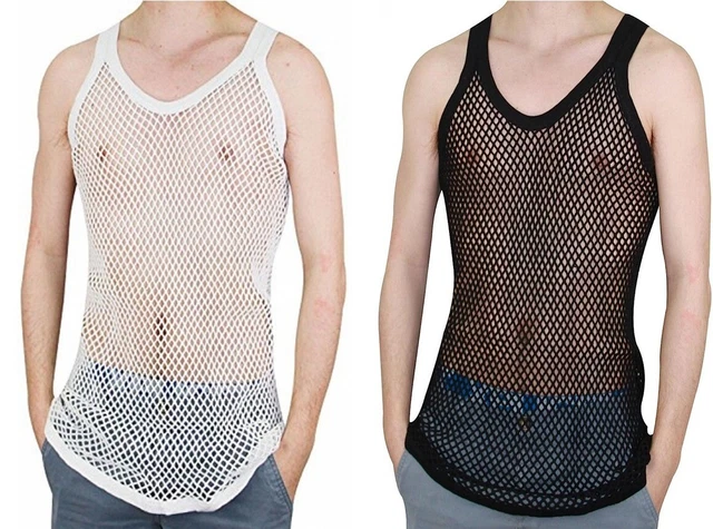 Mens String Tank Top Vest Mesh Fitted Training Sport Gym Tshirt Fish Net USA