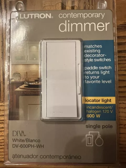 Lutron Contemporary Dimmer With Locator Light. White In Color. Diva DV-600PH-WH