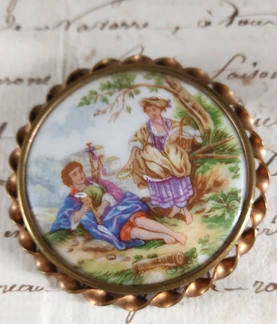 Broche Ancienne Ovale En Porcelaine De Limoges - Portrait De Femme, Bijou Vintage Occasion