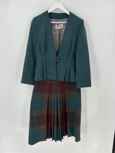 Jantzen Vintage Skirt Suit Womens 12/14 Blue Green Plaid Pleated Wool Blend Knit