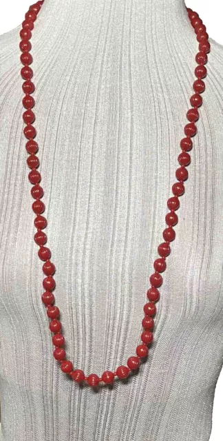 Vintage Monet Faux Cinnabar Carved Red Plastic Bead Necklace 35 in VV2551