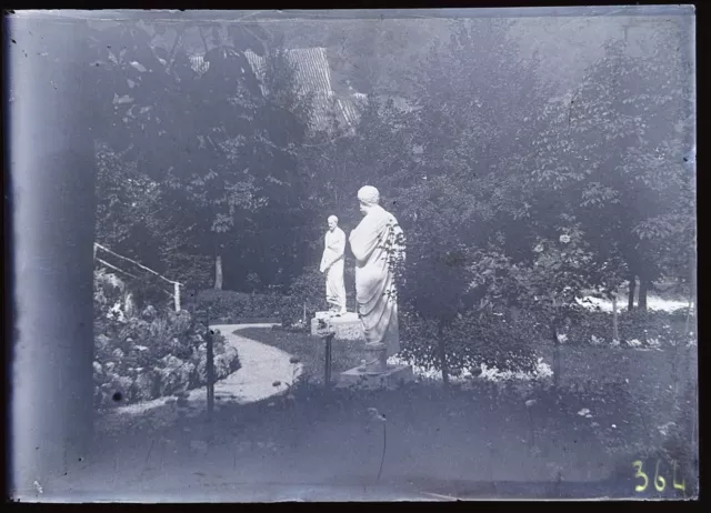 Escultura Jardin Foto Negative c1900 Sur Placa De Cristal Vintage V41L15