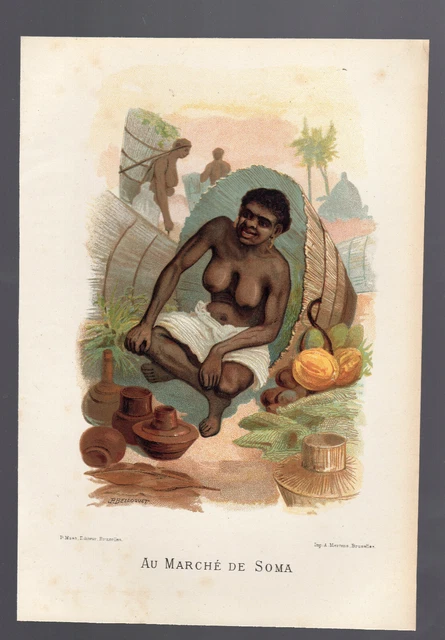 GRAVURE COULEUR XIXe MARCHE DE SOMA Type africain Congo belge  Engraving african