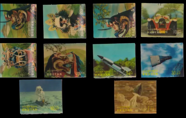 BHUTAN 3-D, 10 Different Stamps-MASKS, CAR & SPACE, Plastic Surfaced  STAMPS