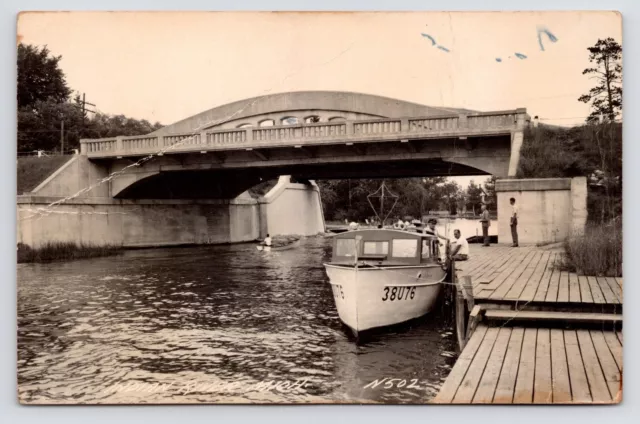 c1940s~Indian River Michigan MI~Old Camelback Bridge~Dock~Vintage RPPC Postcard
