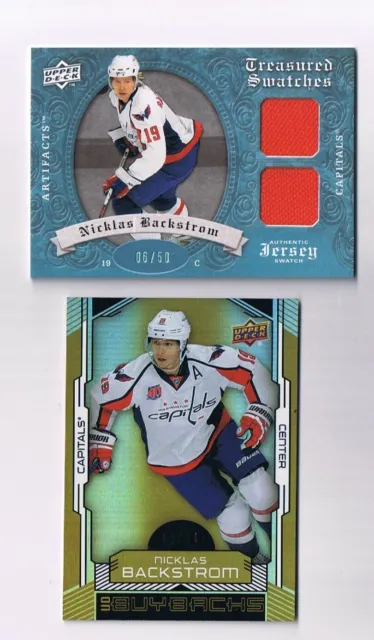 Nicklas Backstrom 2008 Artifacts Swatches Dual Blue /50 & 2015 Buybacks Gold /24