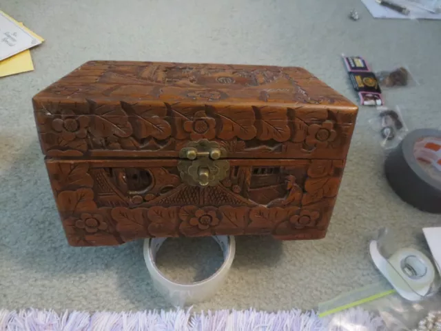 Vintage Hand Carved Box / Wooden Chest - 10 x 5.5 x 5.5 - Hinged Lid & Ornate