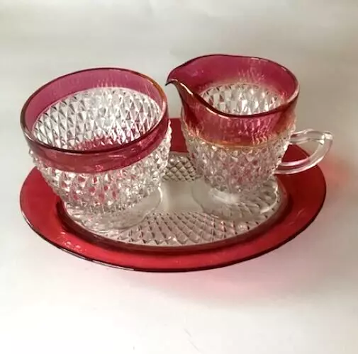 Vintage Indiana Glass Red Ruby Diamond Point Sugar & Creamer Set