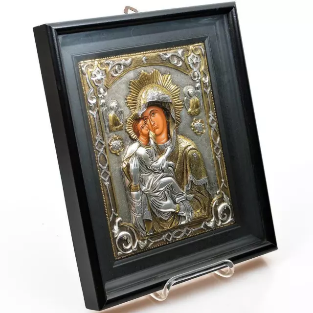 Greek Byzantine Icon, Virgin Mary & Baby Jesus, Silver.950, Glass Frame, 34,5 cm 3