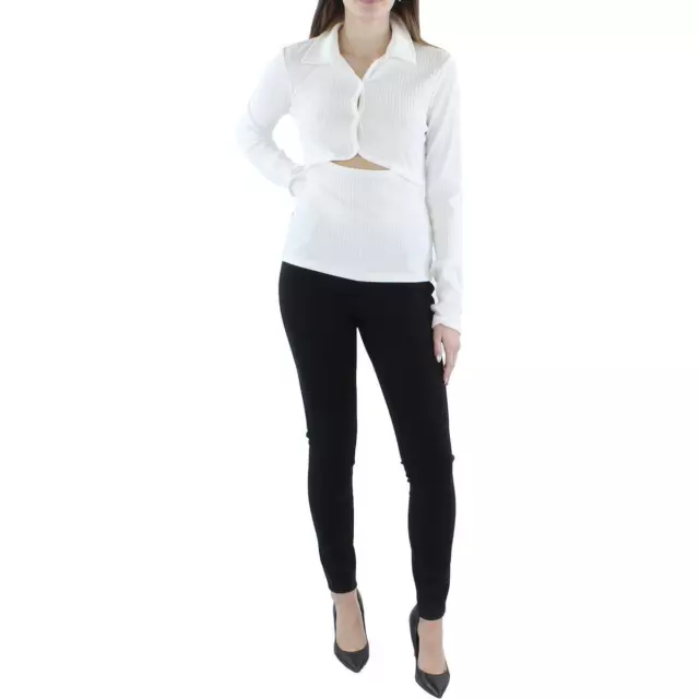 Helmut Lang Womens White Ribbed Knit Collar Polo Top Shirt M BHFO 9378