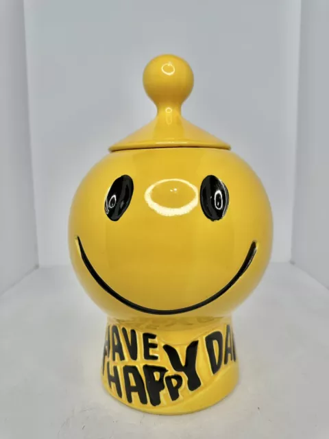 Vintage MCM McCoy USA Pottery Smiley Face Cookie Jar Have A Happy Day With Lid