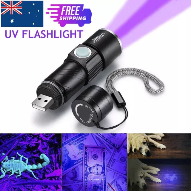 USB UV Ultra Violet LED Flashlight Blacklight Light 365 nm Inspection Lamp Torch