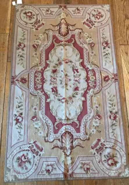 Vintage Aubusson Style Handmade Needlepoint Rug Floral 35 x 59 inches Victorian