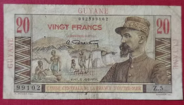 BILLET CAISSE CENTRALE OUTRE-MER 20 Francs GENTIL 1947 pick 21 surcharge GUYANE