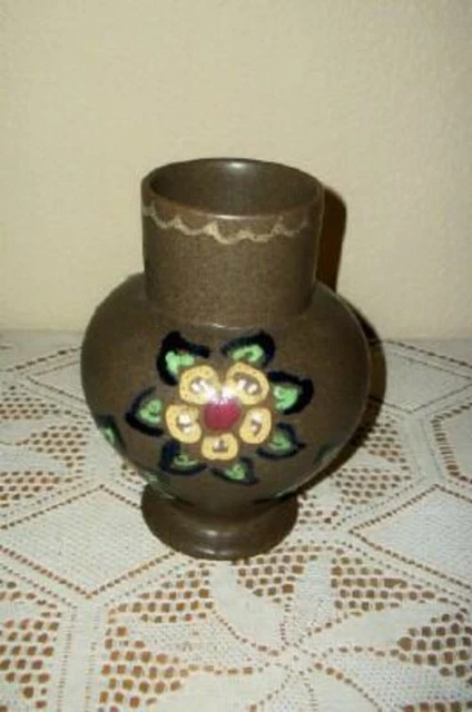ART DECO GERMANY CARL GEBAUER HP FLOWERS BROWN MAJOLICA VASE 1920s GOUDA STYLE 2