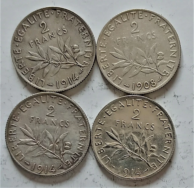 FRANCE * Lot de 4 MONNAIES de 2 francs Semeuse 1908 x 1 + 1914 x 3 ARGENT