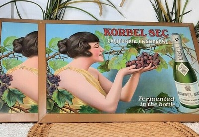 2 Korbel Sec California Champagne Advertising Sign Old Vintage Pre-Prohibiition