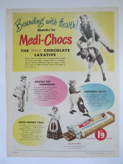 Vintage Australian advertising 1950 ad MILK CHOCOLATE LAXATIVE medi-chocs art