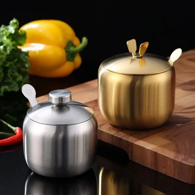 KEMIYIXIAN 2 Stainless Steel Sugar Bowl With Lid Spoon And Tray Polished Shiny Condiment Pots For Serving Sugar Pepper Salt Spice 330ml 116 Oz