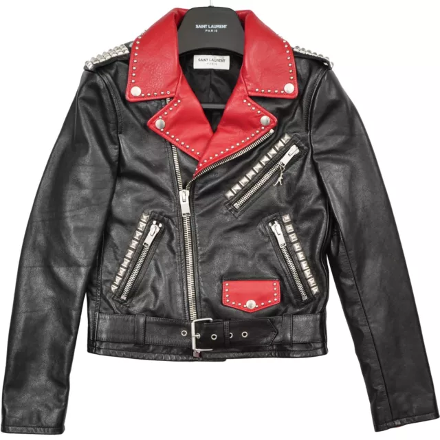 SAINT LAURENT 6990$ Biker Jacket - Black & Red Leather Degrade, Studs