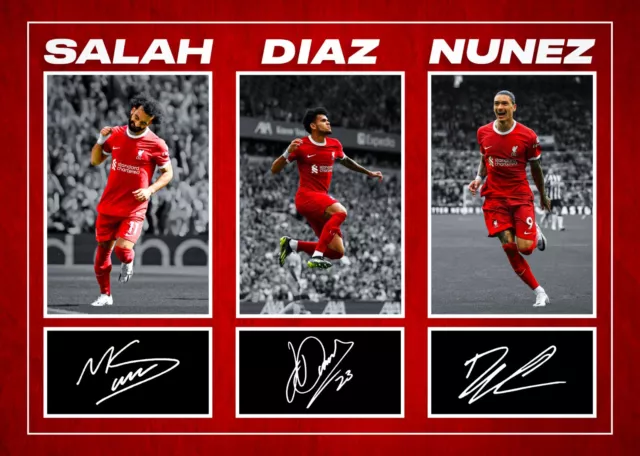 Salah, Diaz & Nunez LIVERPOOL Signed Pre-Print A4 Montage PHOTO Gift Print