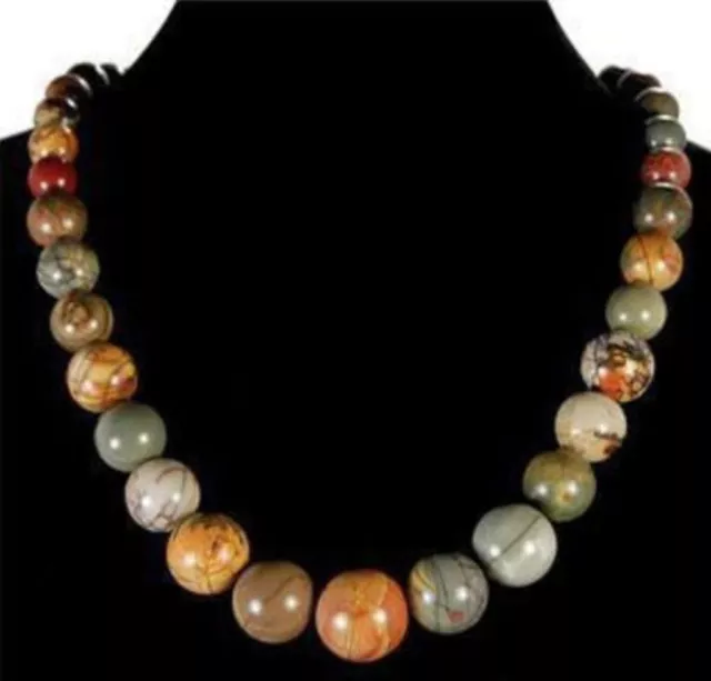 Natural 6-14mm Multicolor Picasso Jasper Round Gemstone Beads Necklace 18''
