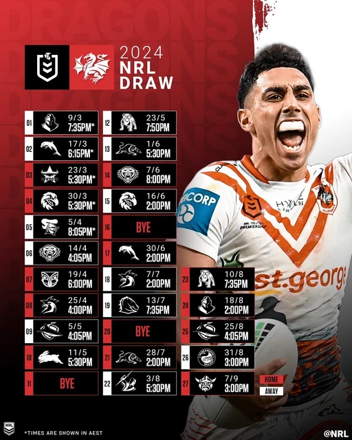 BIG 420MM 2024 ST ILLAWARRA DRAGONS DRAW RUGBY NRL FIXTURE