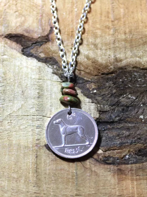 Dog Coin Necklace + Unakite Gemstone Beads - Ireland - Irish Wolfhound  N505