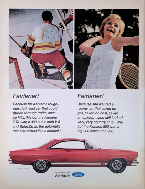 Print Ad 1967 Red Ford Fairlane GTA Helmetless Hockey Goalie Woman Tennis Player