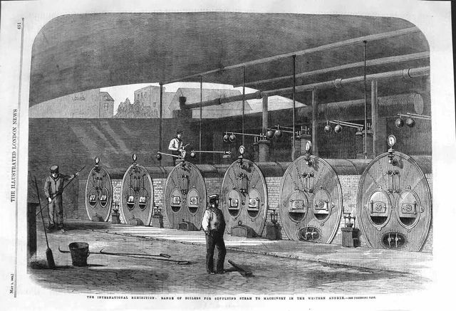 Old Antique Print 1862 Boilers Steam Machinery International Exhibition 19th
