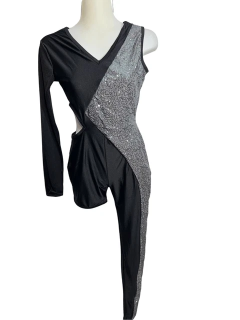 Curtain Call Size AME Adult Medium Black Widow Dance Costume One Leg 3Pc Leotard Curtain Call Size AME Adult Medium Black Widow Dance Costume One Leg 3Pc Leotard